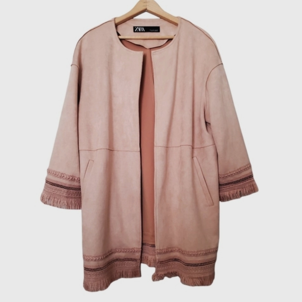 Women's Zara Jacket Faux Suede Fringe 3/4 Sleeves Light Dusty Pink Rose Medium M - Picture 3 of 16